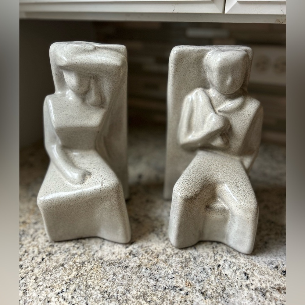 OOAK Vintage 1970s MCM Set Calcite Carved man woman Bookends Trojan Marble Stone